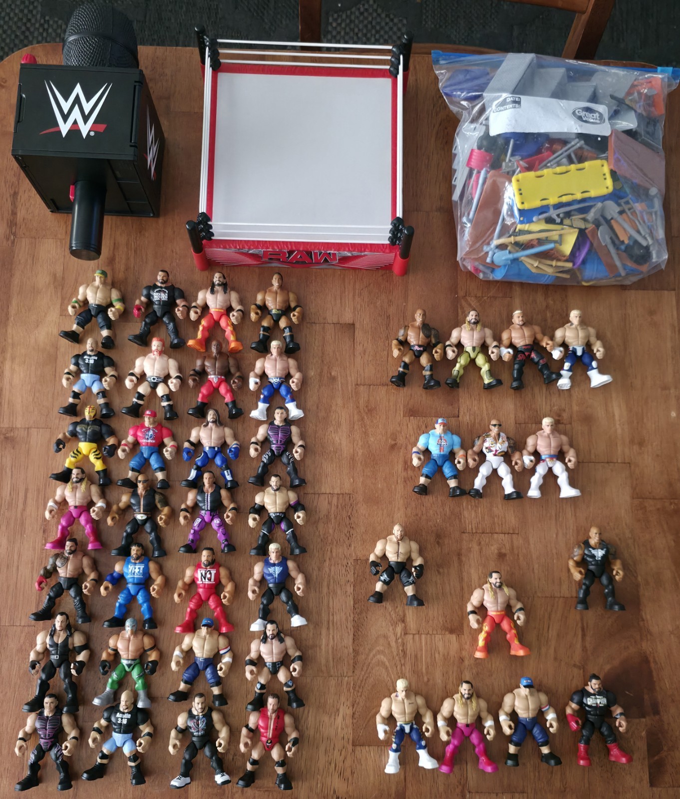 WWE Knuckle Crunchers Action Figures Lot (42) with Ring, Mic, and Accessories