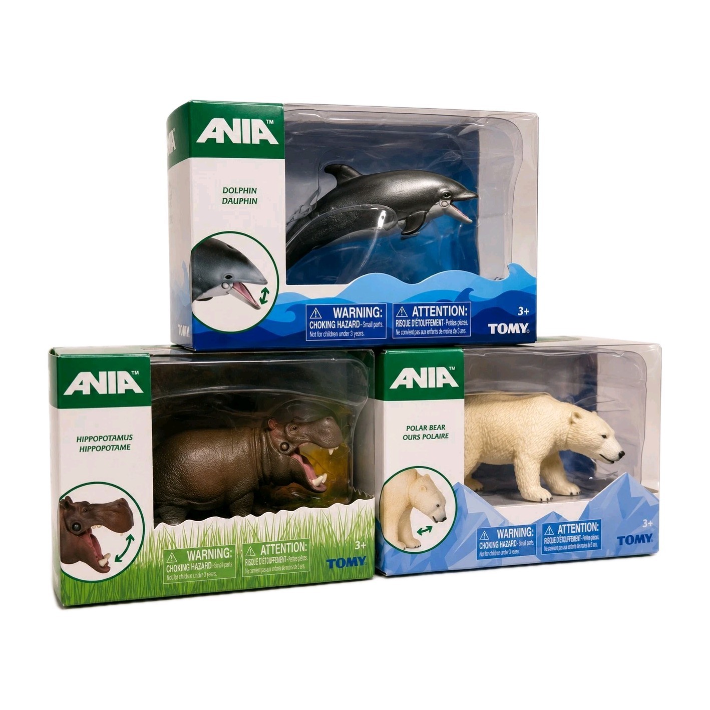 Tomy Ania Dolphin, Polar Bear & Hippopotamus Vintage Animal Toy Figurine Set