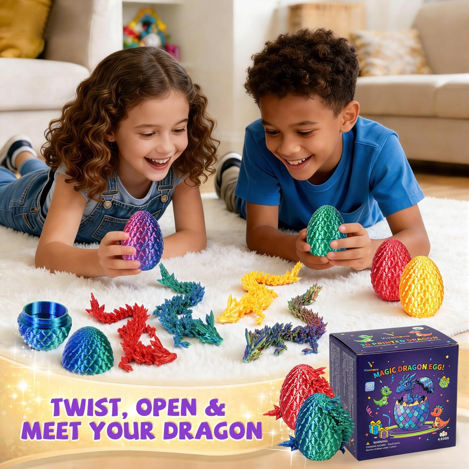 VivaNova 4 Pack 3D Printed Dragon Eggs, Surprise Eggs with Articulated Mini D…