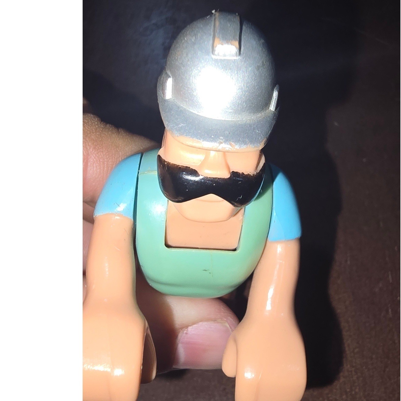 Vintage Construction Worker Action Figure Silver Hard Hat Mustache Toy Builder