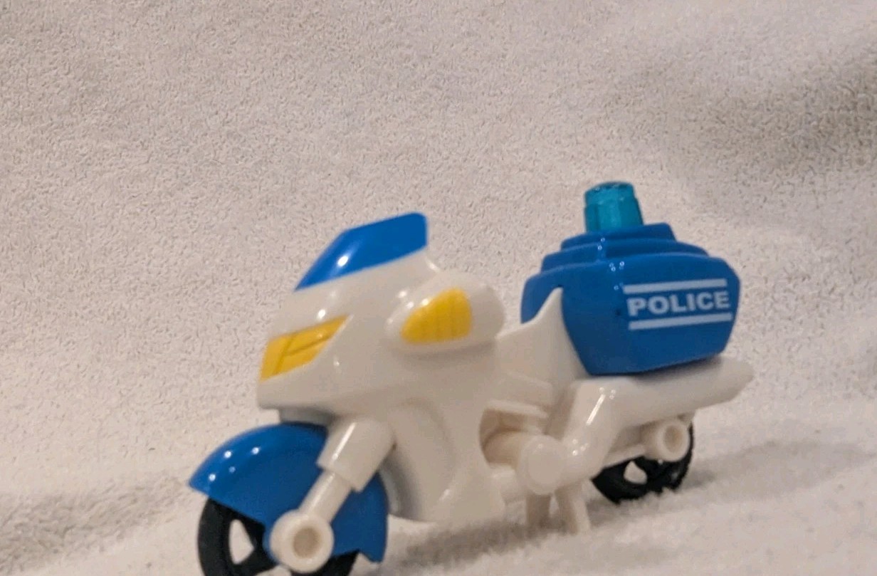 Vintage Hap-P-Kid White / Blue Police Motorcycle Pretend Plastic Toy Motor Bike
