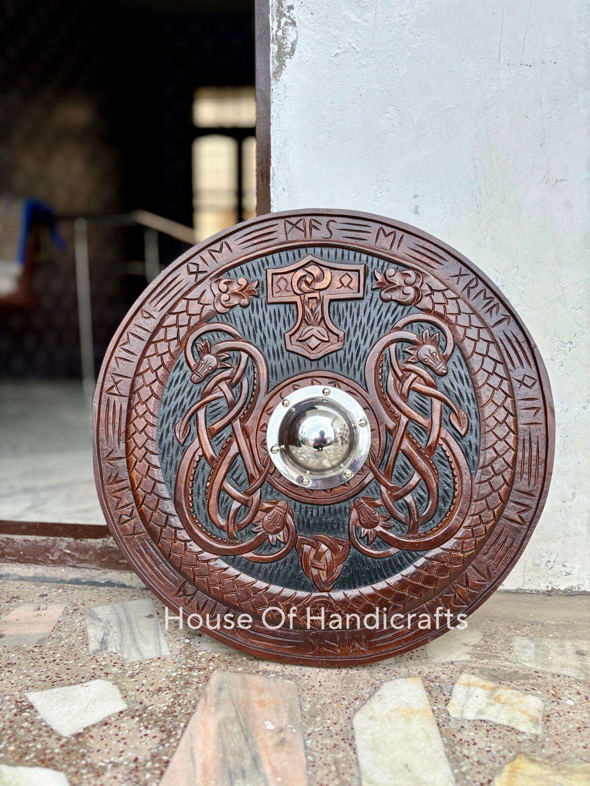 wooden carved shield 24 inches round wooden craved shield for cosplay ,wall deco