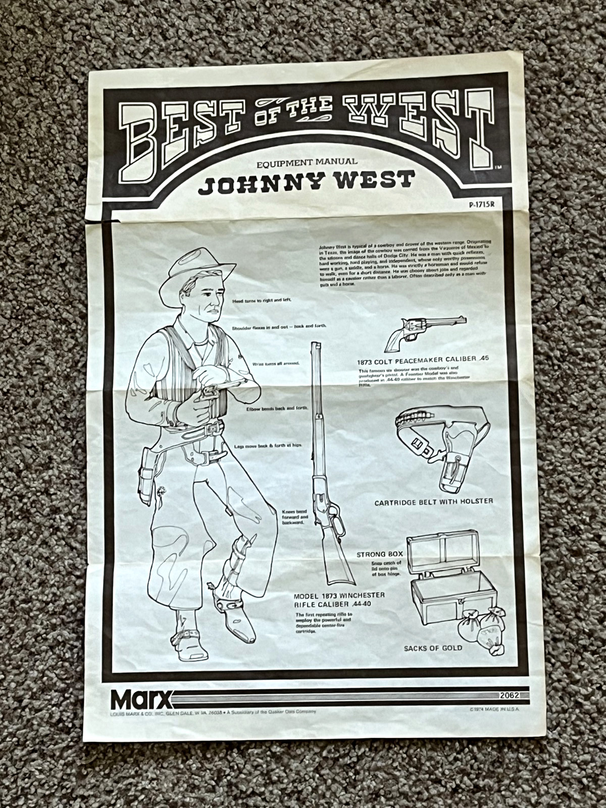 Vintage Original 1974 Marx Best of the West Johnny West Equipment Manual