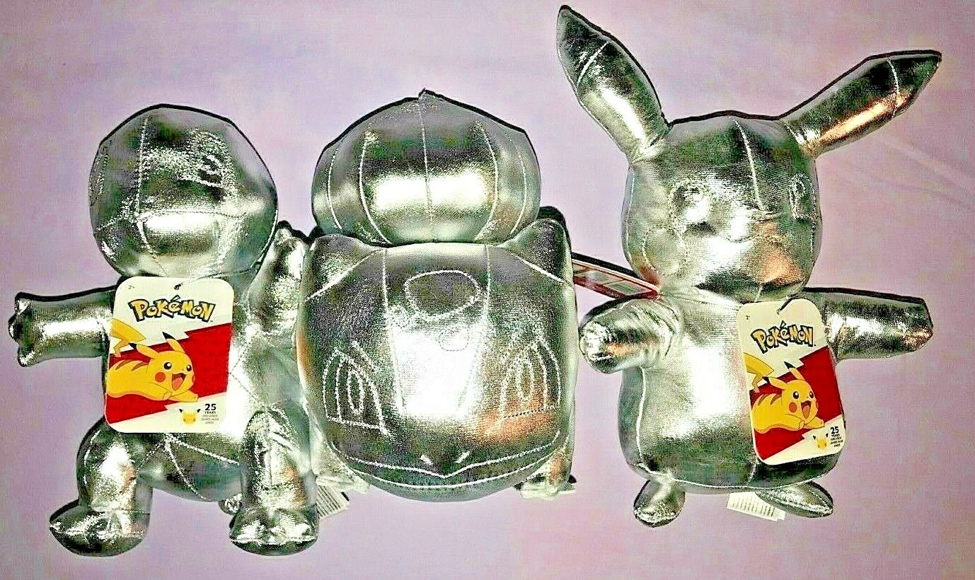 POKEMON 25 YEARS SILVER PLUSH PIKACHU / BULBASAUR / SQUIRTLE **NEW**