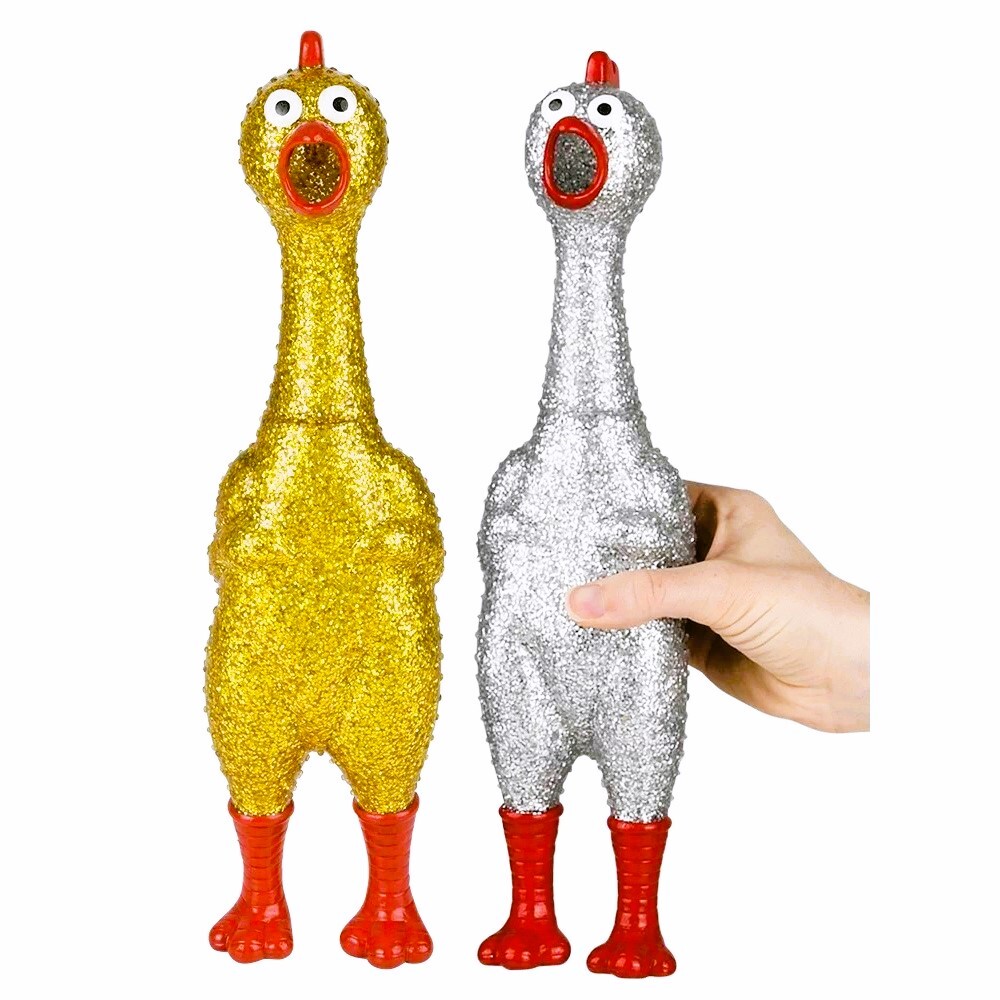 Large 13.5&Prime; Sparkle Glitter Rubber Squeeze Chicken with a Long Funny Squeaky Sou