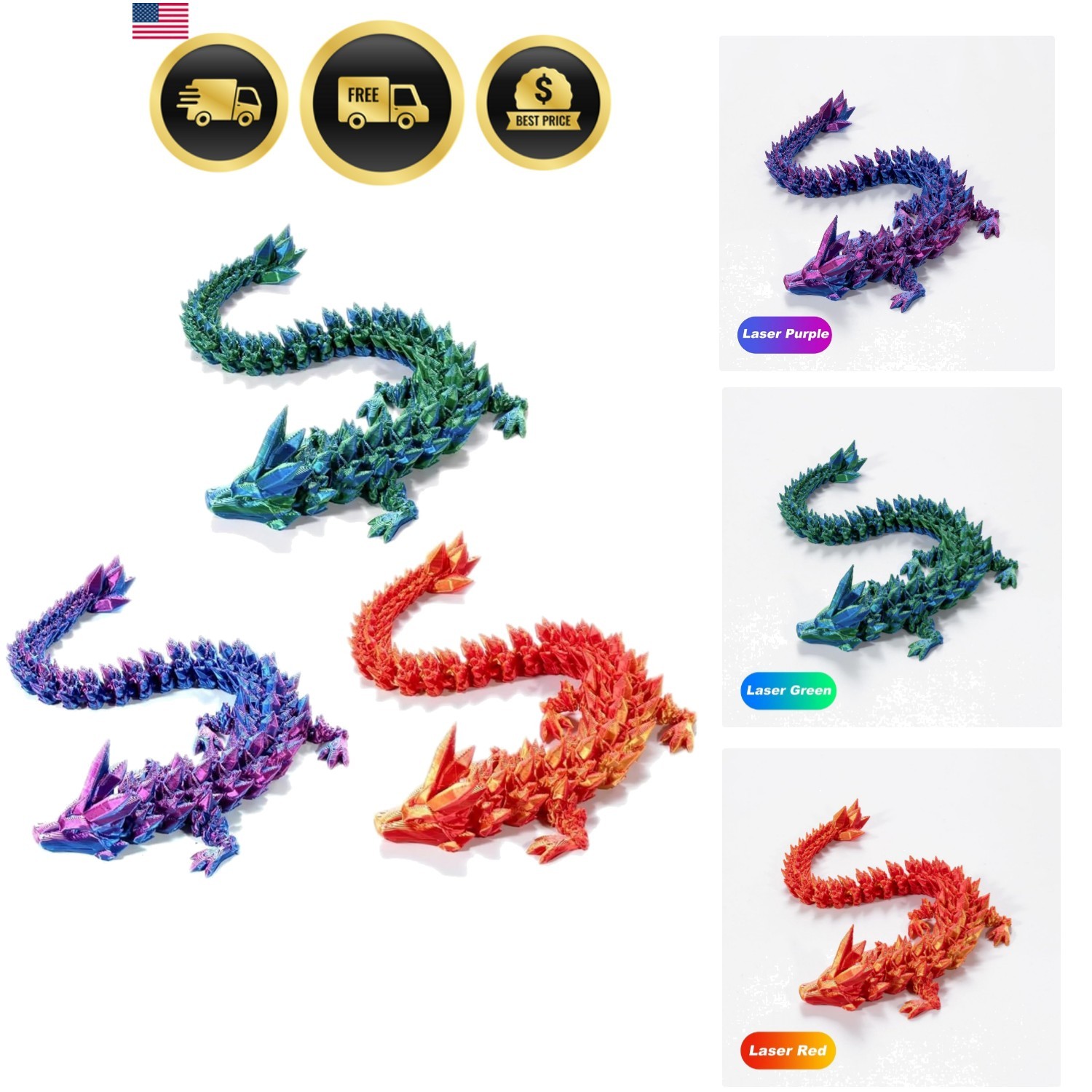 3D Printed Crystal Dragon 12In 3Pcs Flexible Articulated Fidget Toy Decor