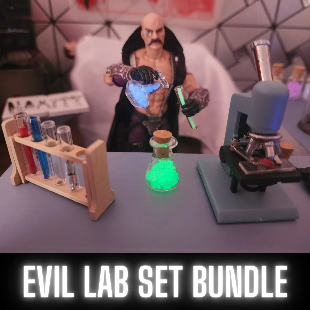 EVIL LAB SET BUNDLE – 1:12 Scale Lab Set, Glass Containers and Glass Vials GLOWS