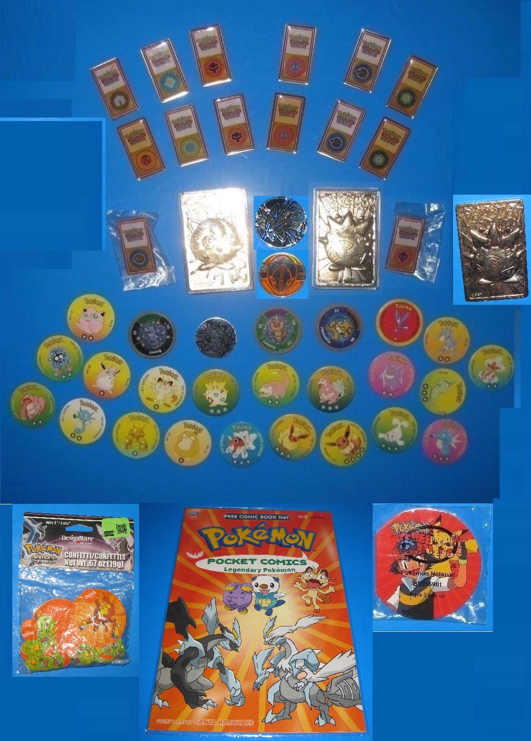 BIG 45+ Pokemon Lot Kanto Gym Leader Badges/Pins (3 NEW) TOMY Milk Caps Yveltal