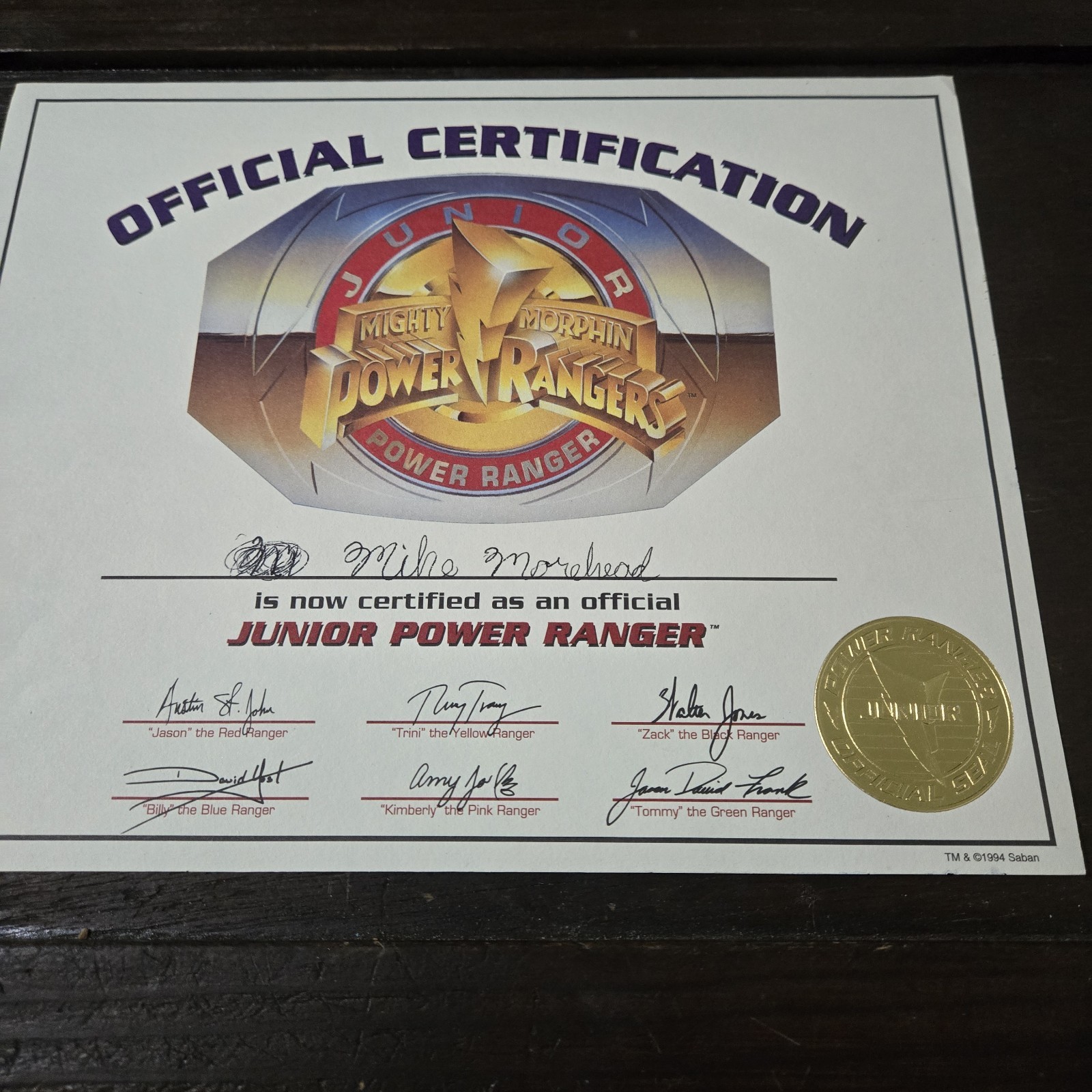 vintage 1994 Mighty Morphin Power Rangers Official Fan Club Certificate