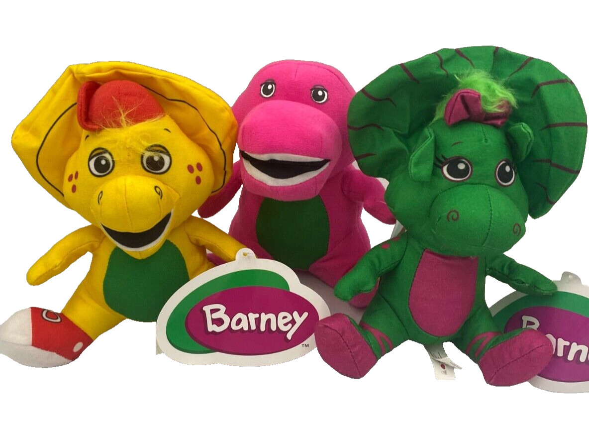 Set of 3 Barney the Dinosaur Plush Toys Yellow BJ, Barney, Baby Bop 7 inch NWT