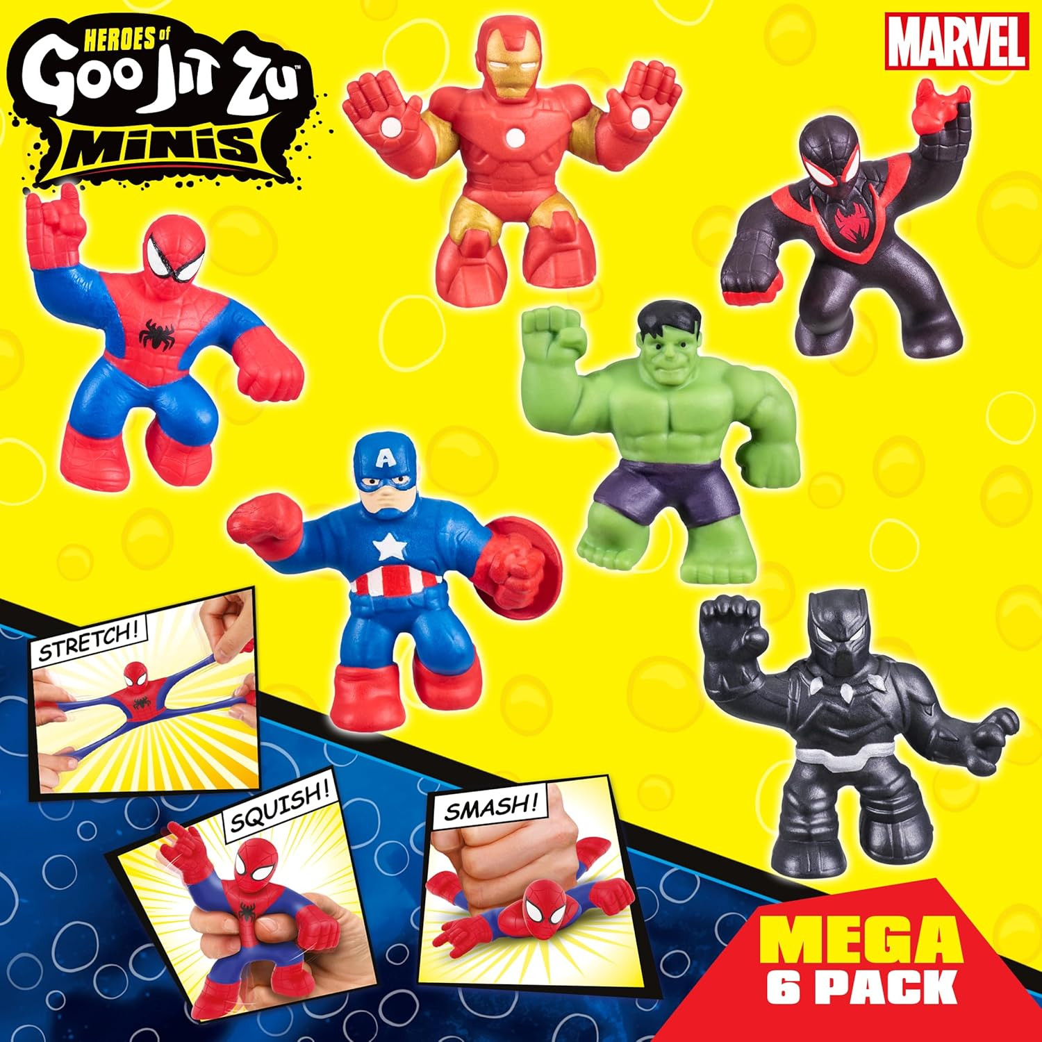 Marvel Mega Mini 6 Pack – Squishy, Stretchy, Gooey Mini Heroes – Ironman, Spider