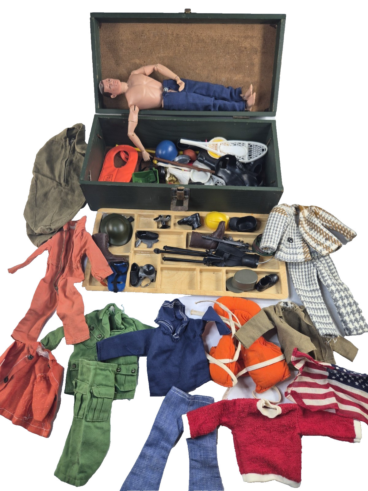 1964 GI Joe Action Figure W/ Accessories Clothes Wooden Foot Locker Tray Lot