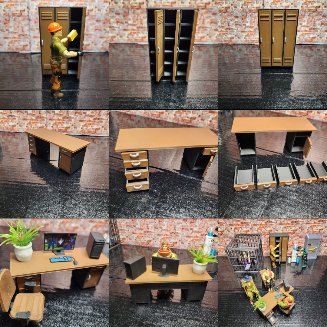 OFFICE SPACE BUNDLE For 3.75&Prime; Figures, Desk, locker, Plant, Water Cooler, Chairs
