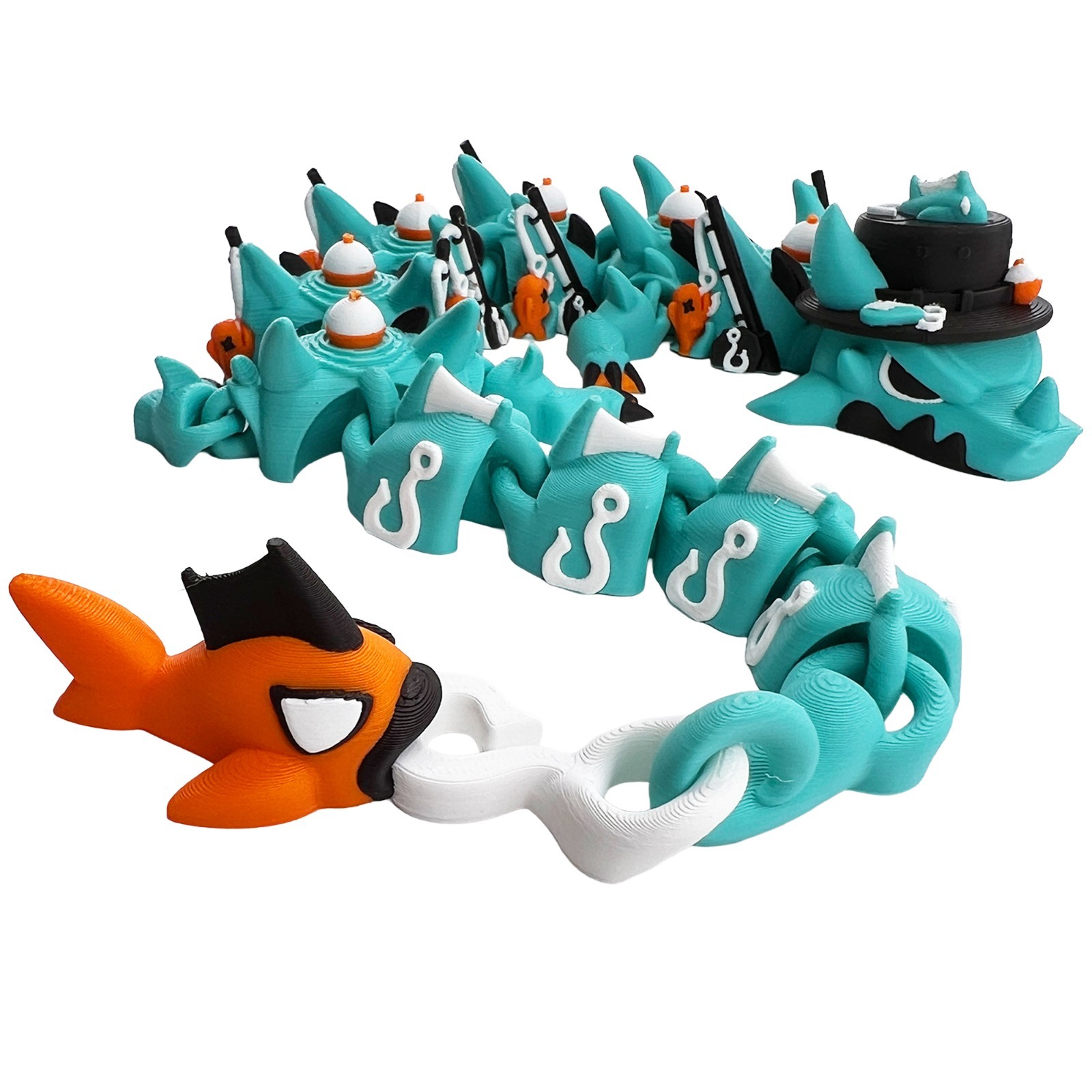 3d printed articulated FISHING dragon with TACKLE BOX!! custom color request ok