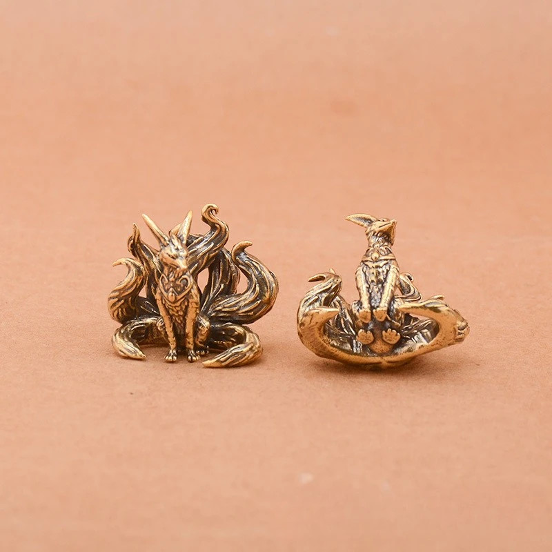 Brass Nine Tailed Fox Statue Mini Copper Animal Figurine Desk Home Decor