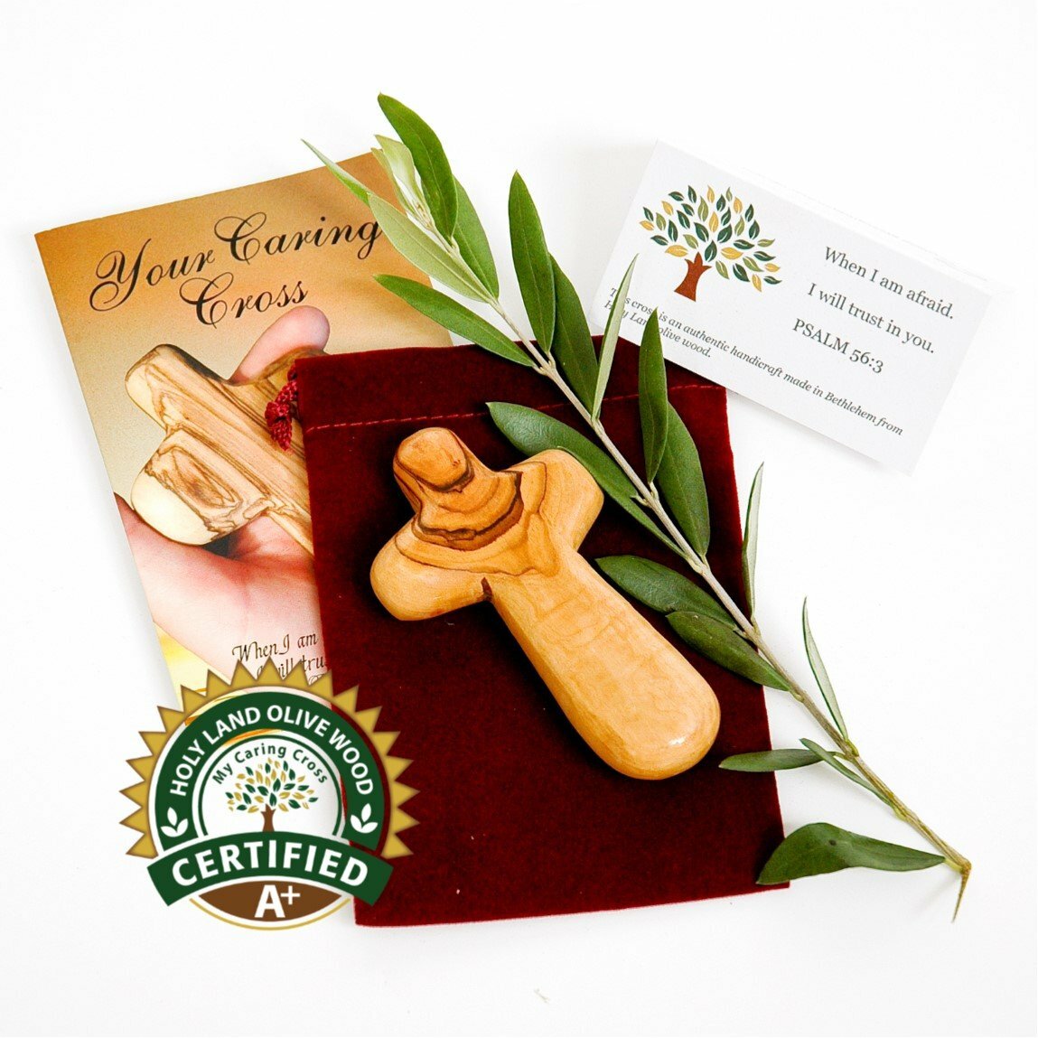 Olive wood Holding Cross comes with Velvet bag & Certificate