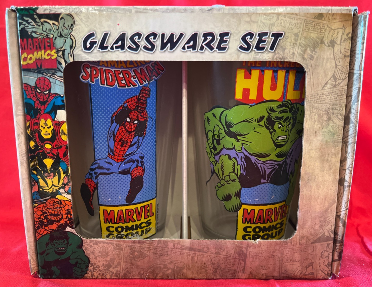 MARVEL COMICS SPIDER-MAN HULK GLASSWARE SET OF 2 16OZ SILVER BUFFALO 2009
