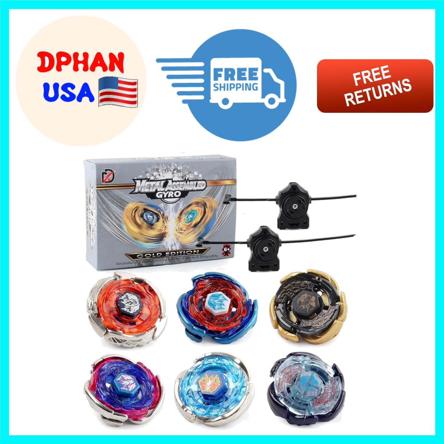 Durable Battling Tops – 6-Piece Set with 2 Launchers & Fantasy Stickers for Kids