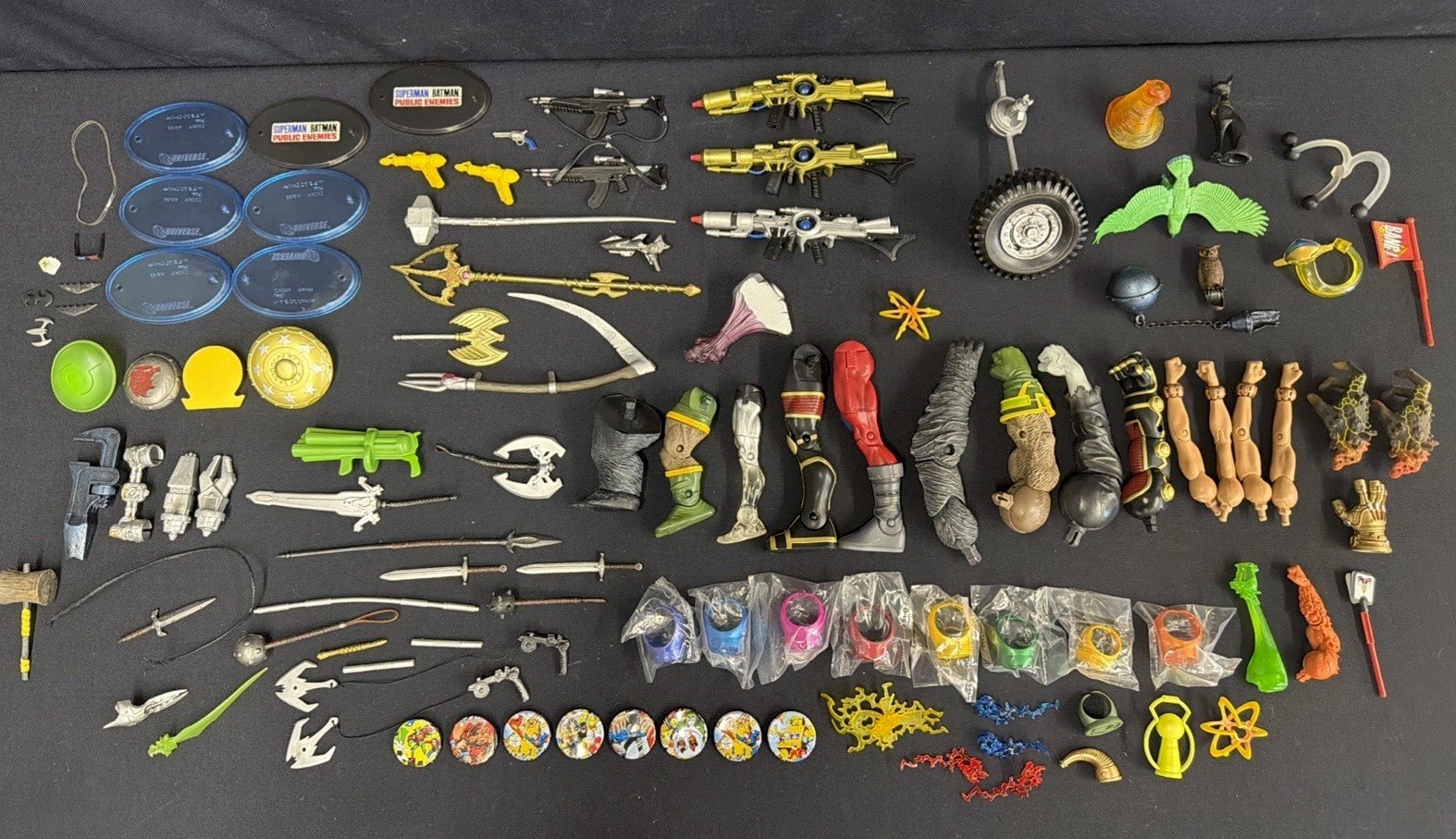 HUGE Lot Marvel DC Action Figure Accessories Weapons Stands Rings Parts Leg Arm