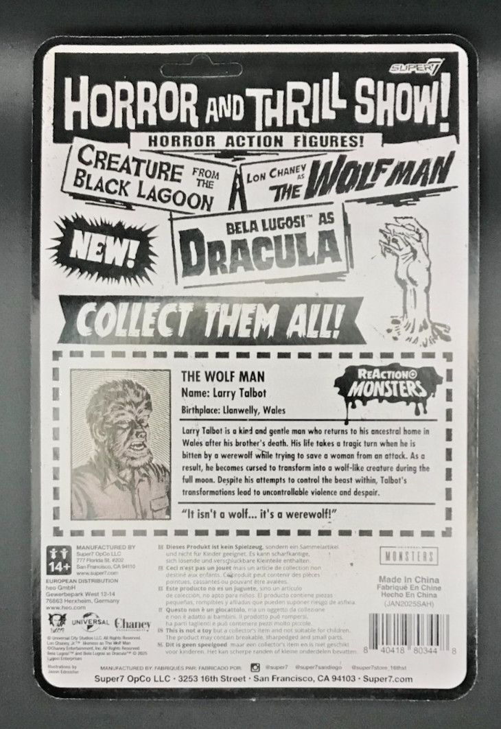 New Super7 Universal Monsters The Wolfman 3 3/4&Prime; Reaction Figure Unpunched