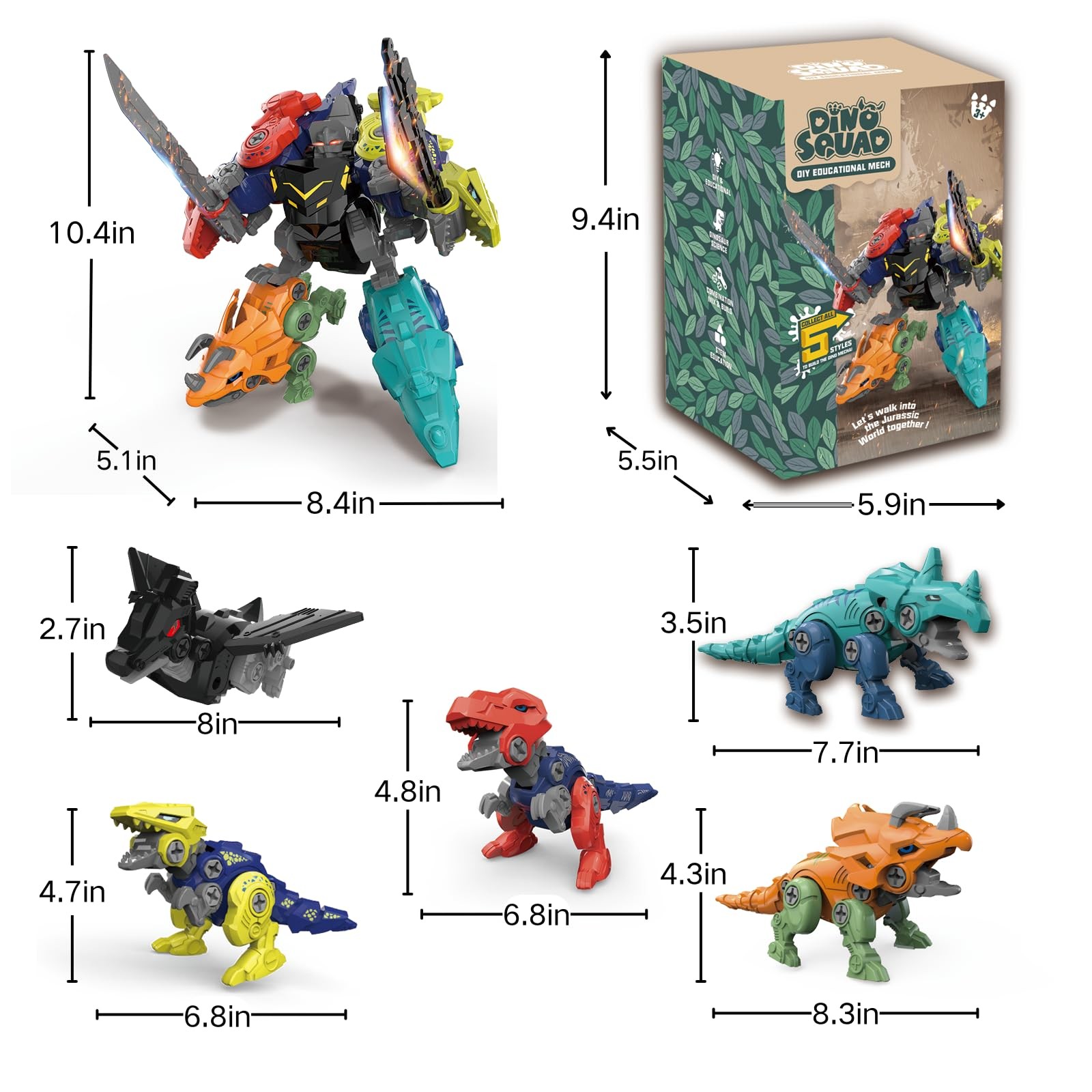 Dinosaur Transform Robot 5 in 1 Take Apart Toys Set for boy Kid Age 3 4 5 6 7…
