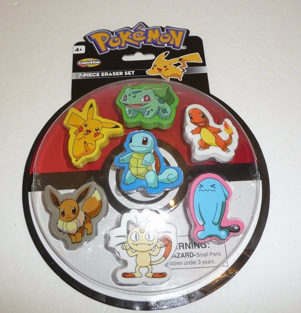 Back to School Pokemon 7 Erasers Set Pikachu Squirtle Eevee Meowth Charmander