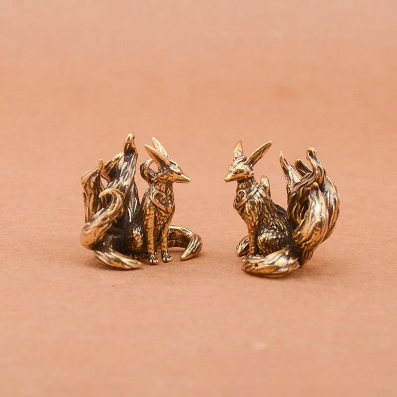 Brass Nine Tailed Fox Statue Mini Copper Animal Figurine Desk Home Decor