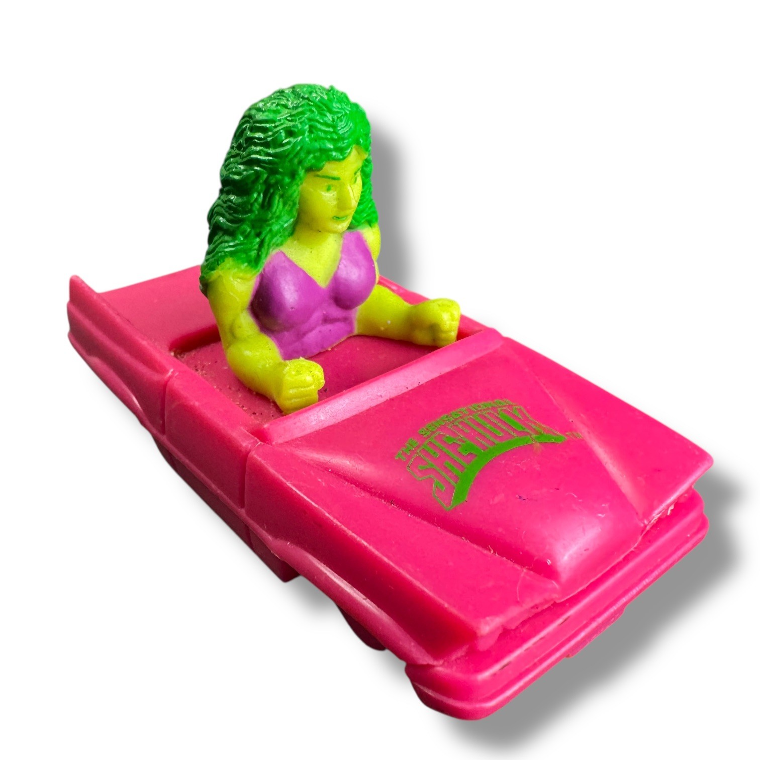 Vintage 1990 MARVEL Sensational SHE HULK 3&Prime; Plastic Pink Convertible Car Toy