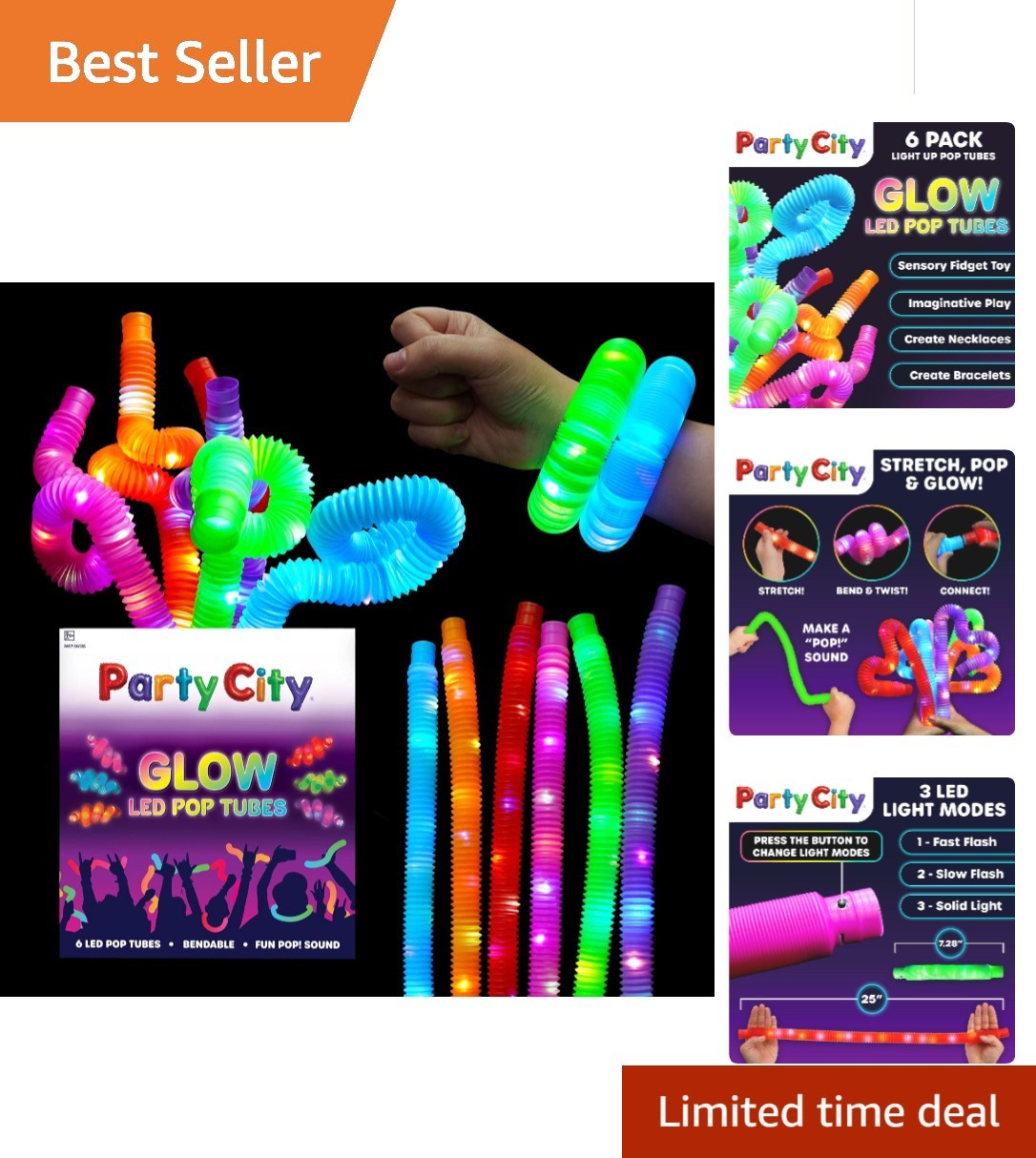 6 Pack LED Glow Pop Tubes – 25” Stretchy Sensory Toys for Kids&rsquo; Parties