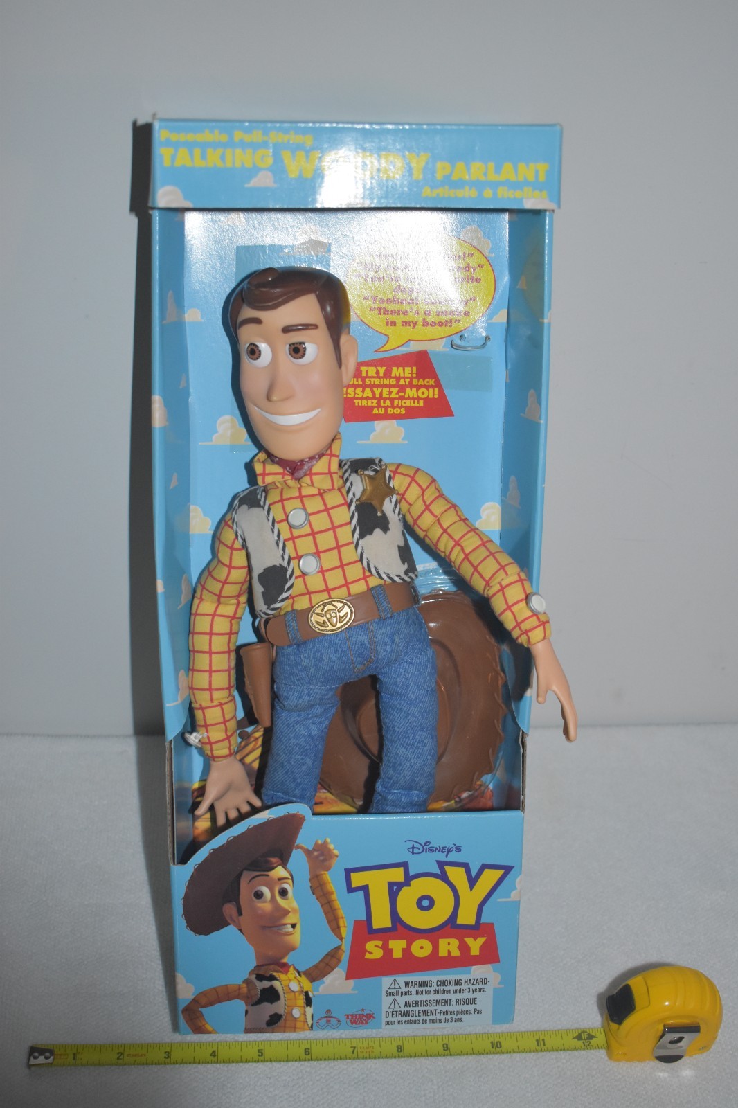 Thinkway Toys Original 1995 Toy Story Pull String Woody NEW, French/English Box