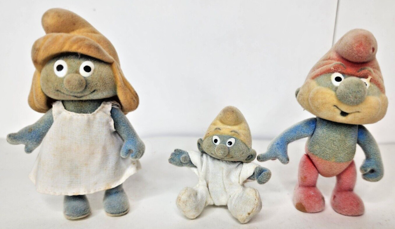 Vintage Fully Jointed Flocked Smurfs Set Papa Baby Smurfette [Bikin, 1988]
