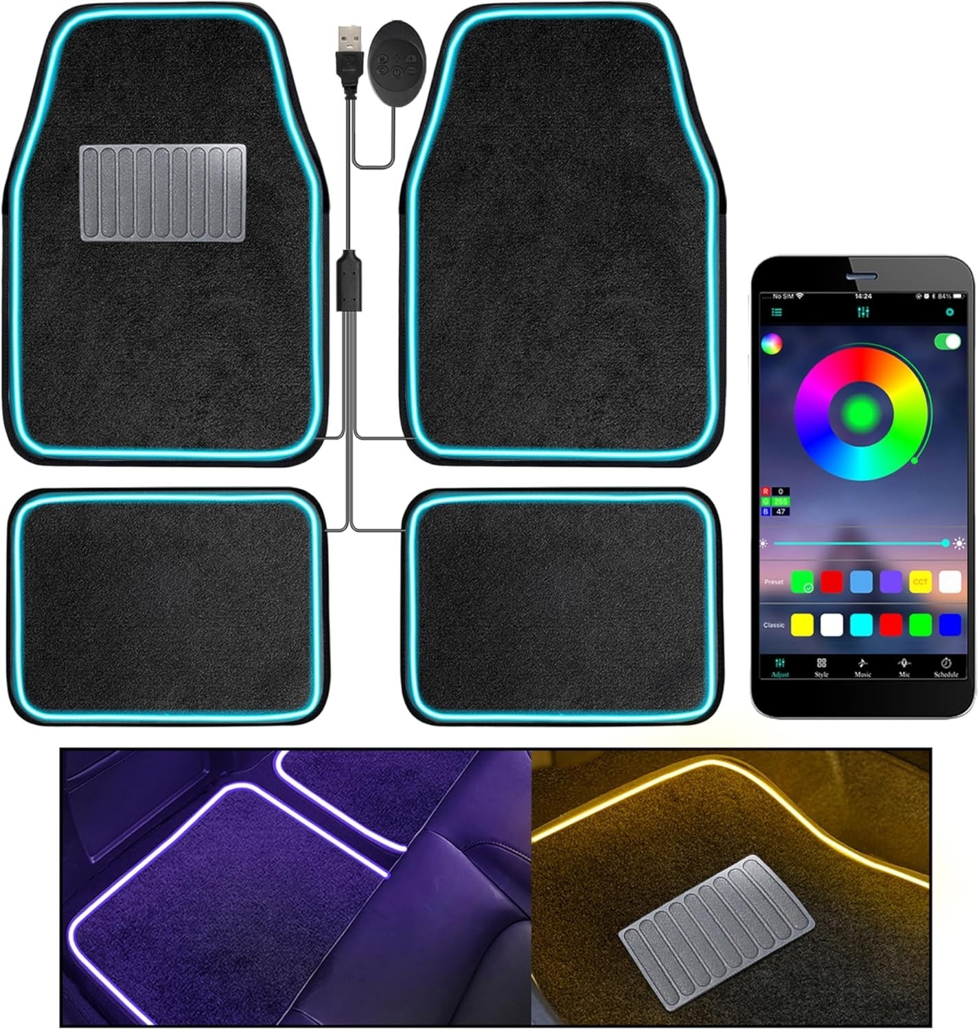 Car Floor Mats with Led Strip Light, Universal Fit Black Automotive Carpet, RGB