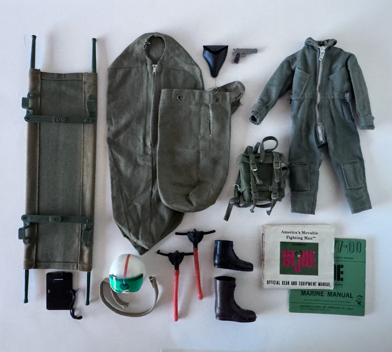 GI Joe Vintage 1964 Misc Lot stretcher, Field Pack, Scramble Helmet Hose, etc.