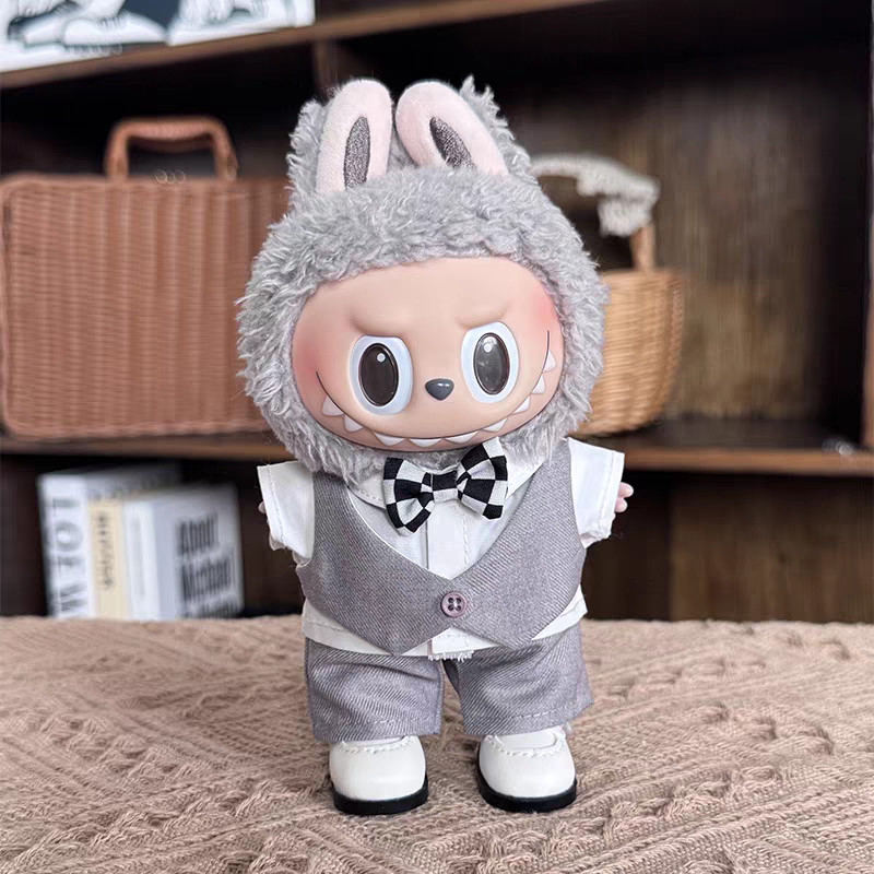 Gray Formal Wedding Suit: Top, Bow, Pants, Shoes Outfit Clothes FOR 17 CM LABUBU