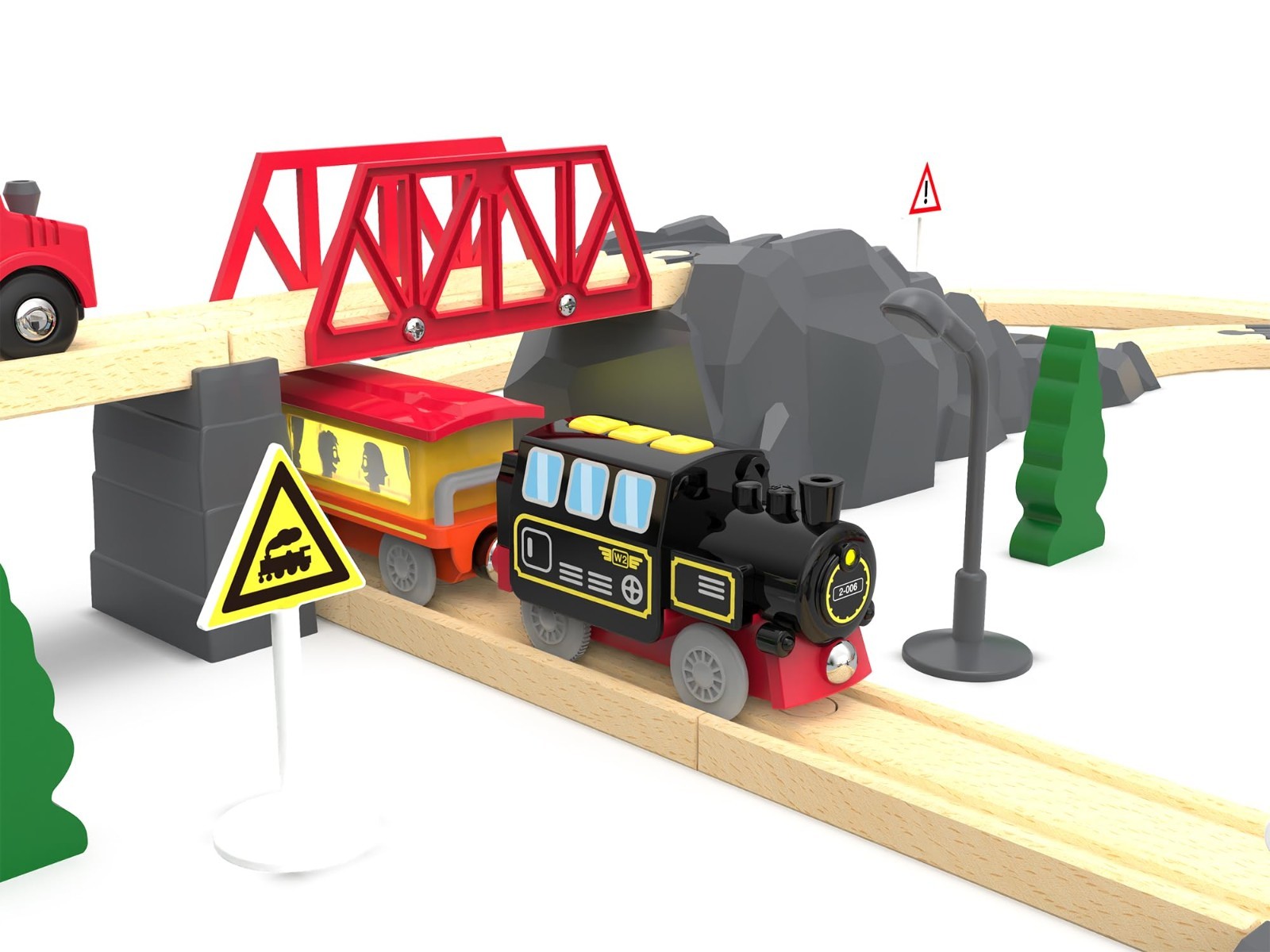 Motorized Remote Control Train Set for Wooden Tracks, Battery Operated Locomotiv