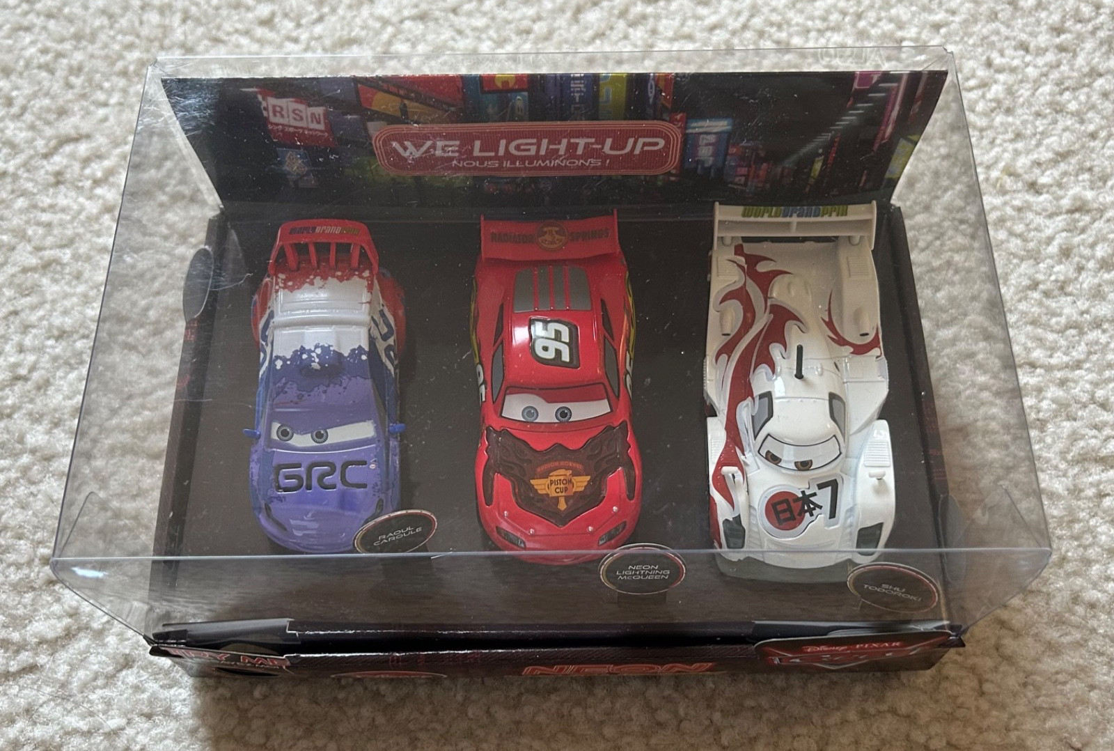 Cars Disney Store LIGHT UP 3 PACK RAOUL CAROULE MCQUEEN & SHU TODOROKI HTF