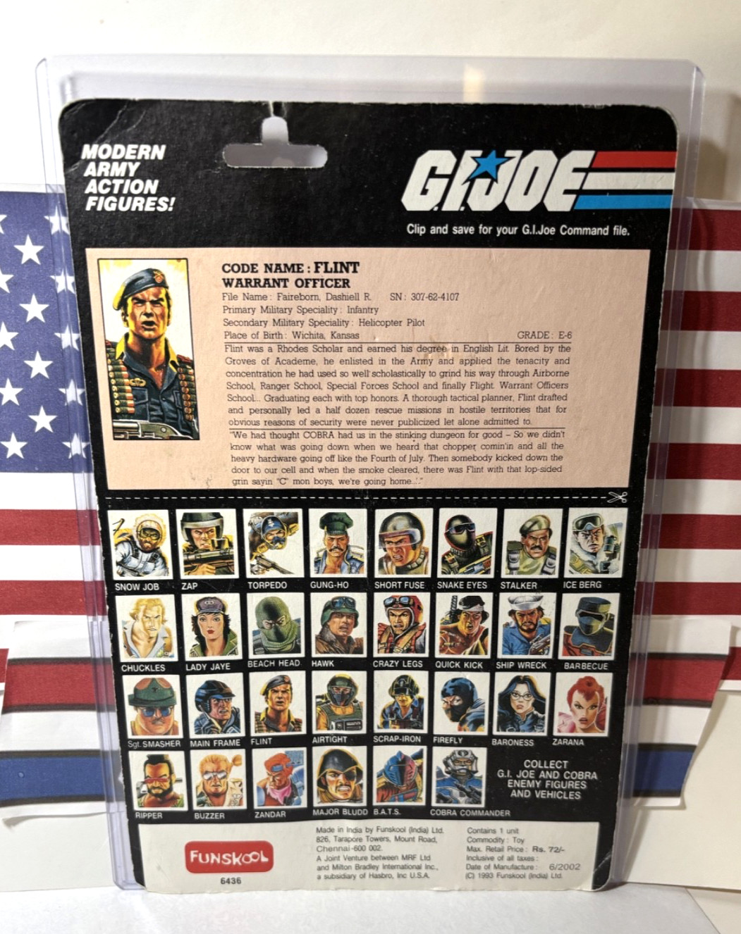 GI Joe Funskool Flint *100% COMPLETE w/UNCUT CARD BACK, Nice! Vintage 1993 India