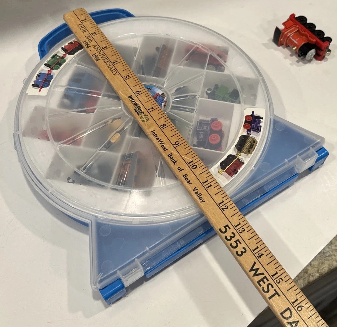 Thomas Miniature Train Set Blue Circular Storage Case With Trains And Extra