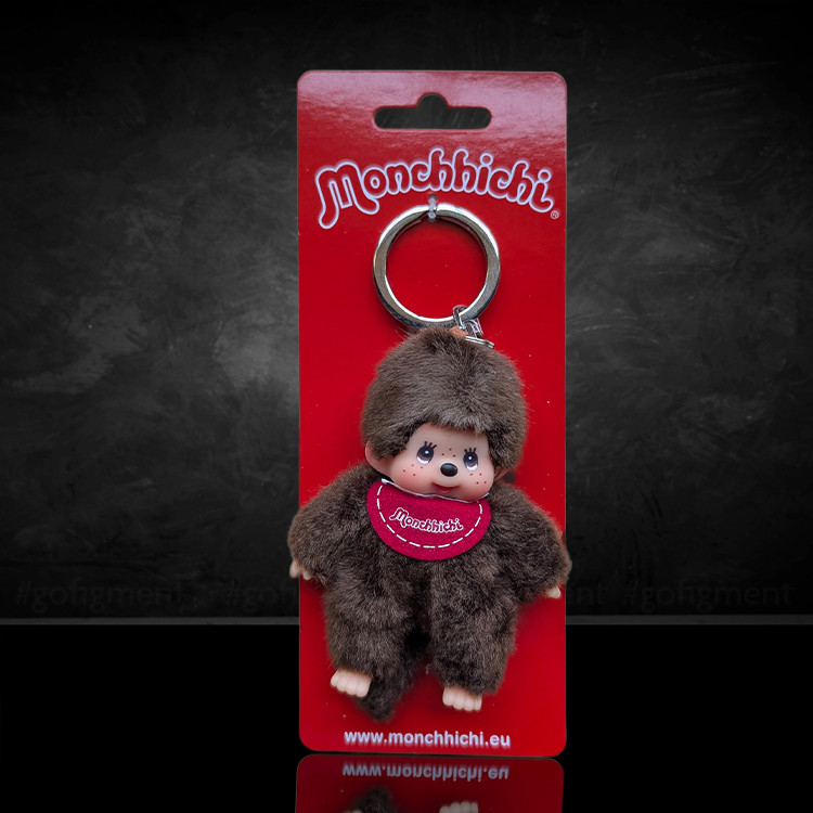 4&Prime; Monchhichi Keychain – Classic Boy, Red Bib Mascot – Authentic Plush Mascot