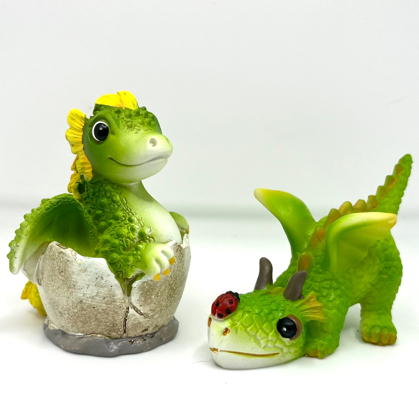 Baby Dragon Figure Set of 2 Broken Egg & Ladybug On Nose Adorable Resin Figures