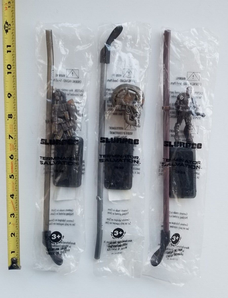 3 Diff 7-11 TERMINATOR SALVATION 2009 Slurpee Spoon Straw w/ Detachable Figures