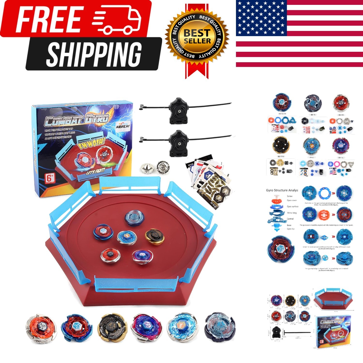 Battling Top Stadium Battle Set, 6 Metal Fusion Spinning Tops 2 Launchers 1 A…