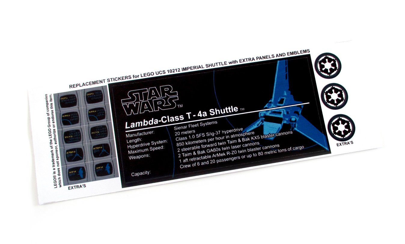REPLACEMENT STICKERS for STAR WARS Set 10212 75094 IMPERIAL SHUTTLE ,MODELS,ETC