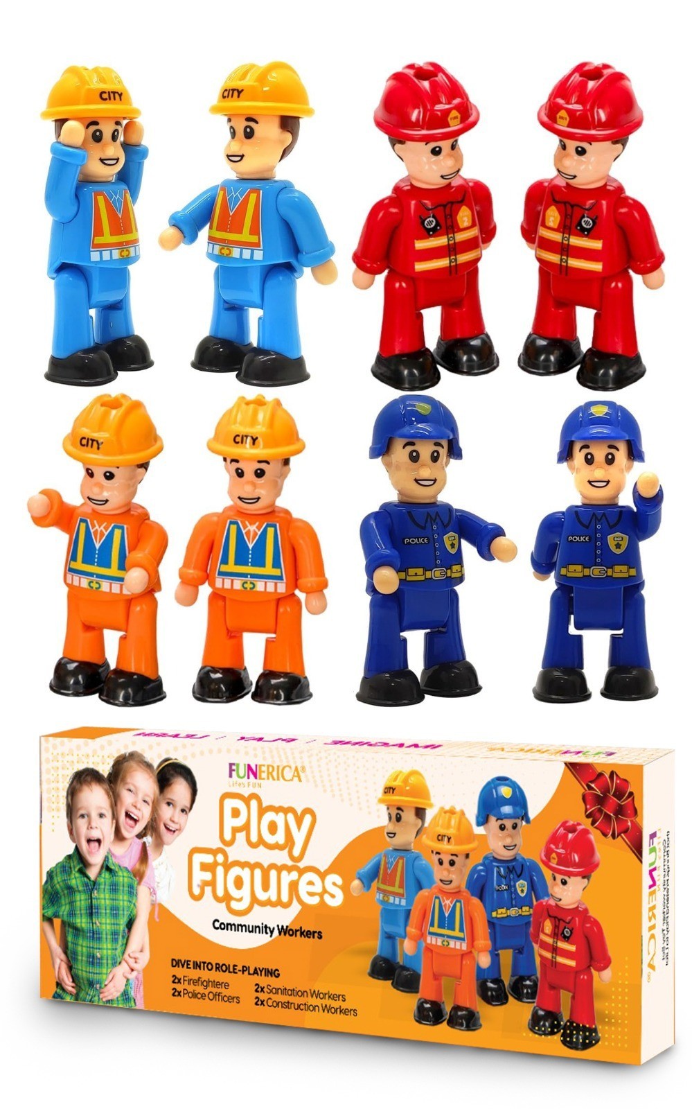 FUNERICA 8-Set Bendable Play People Figures for Kids – Firefighters, Police Offi