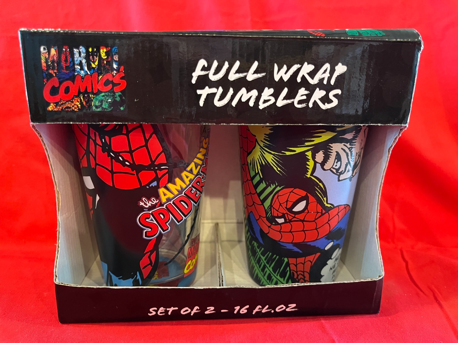 MARVEL COMICS SPIDER-MAN FULL-WRAP TUMBLERS 16OZ GLASS SET/2 3E DIRECT 2010