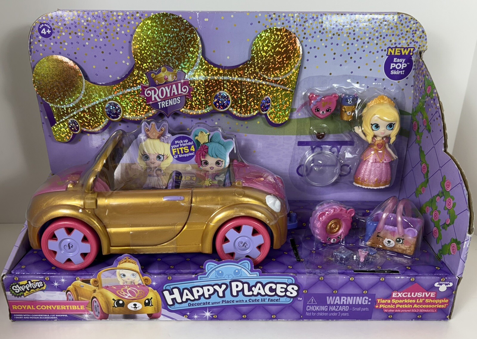 Shopkins Happy Places ROYAL TRENDS CONVERTIBLE Tiara Sparkles Picnic Petkins Set