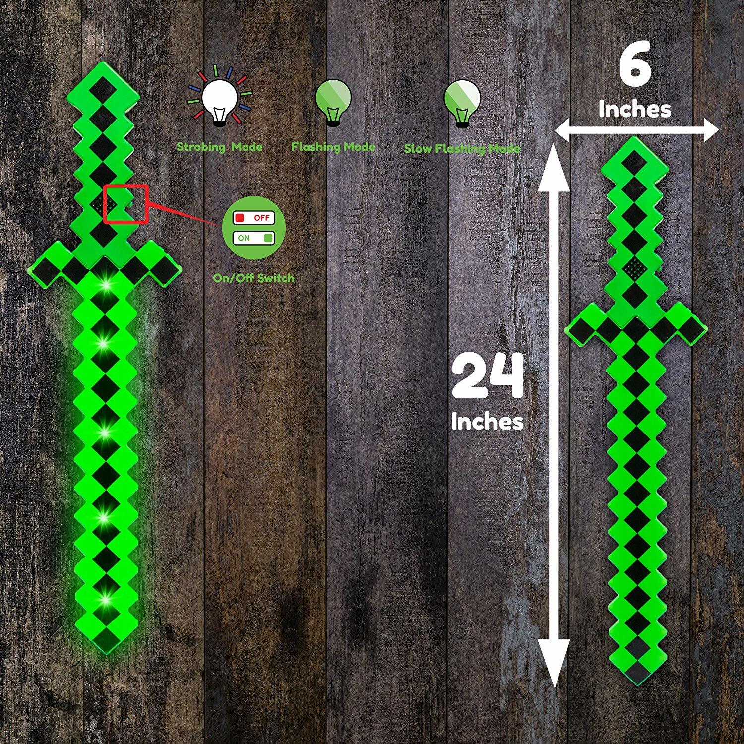 SET of 2 – MineCraft Pixel Classic Sword LED Flashing Lights and FX Sounds Green
