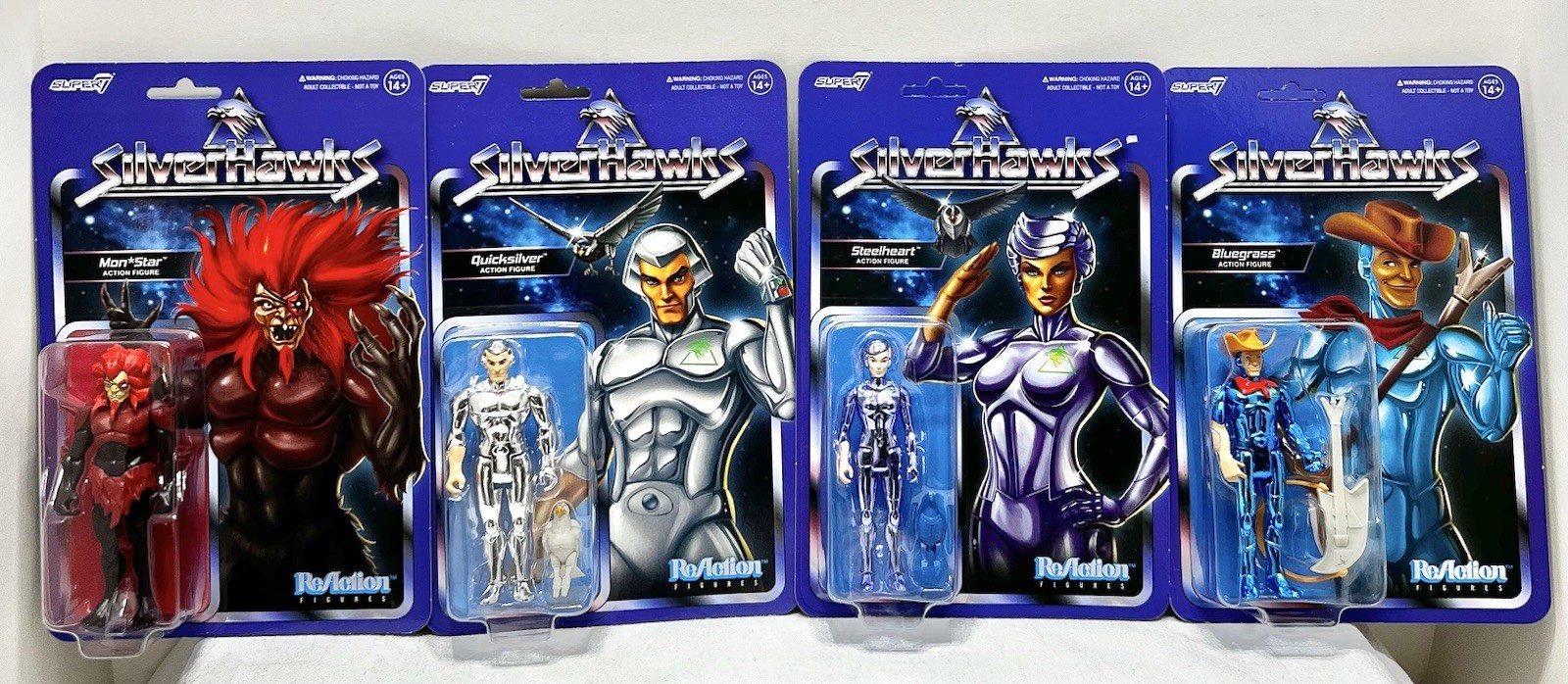 Super7 Reaction Silverhawks 4pk: MON*STAR., STEELHEART, BLUEGRASS, QUICKSILVER