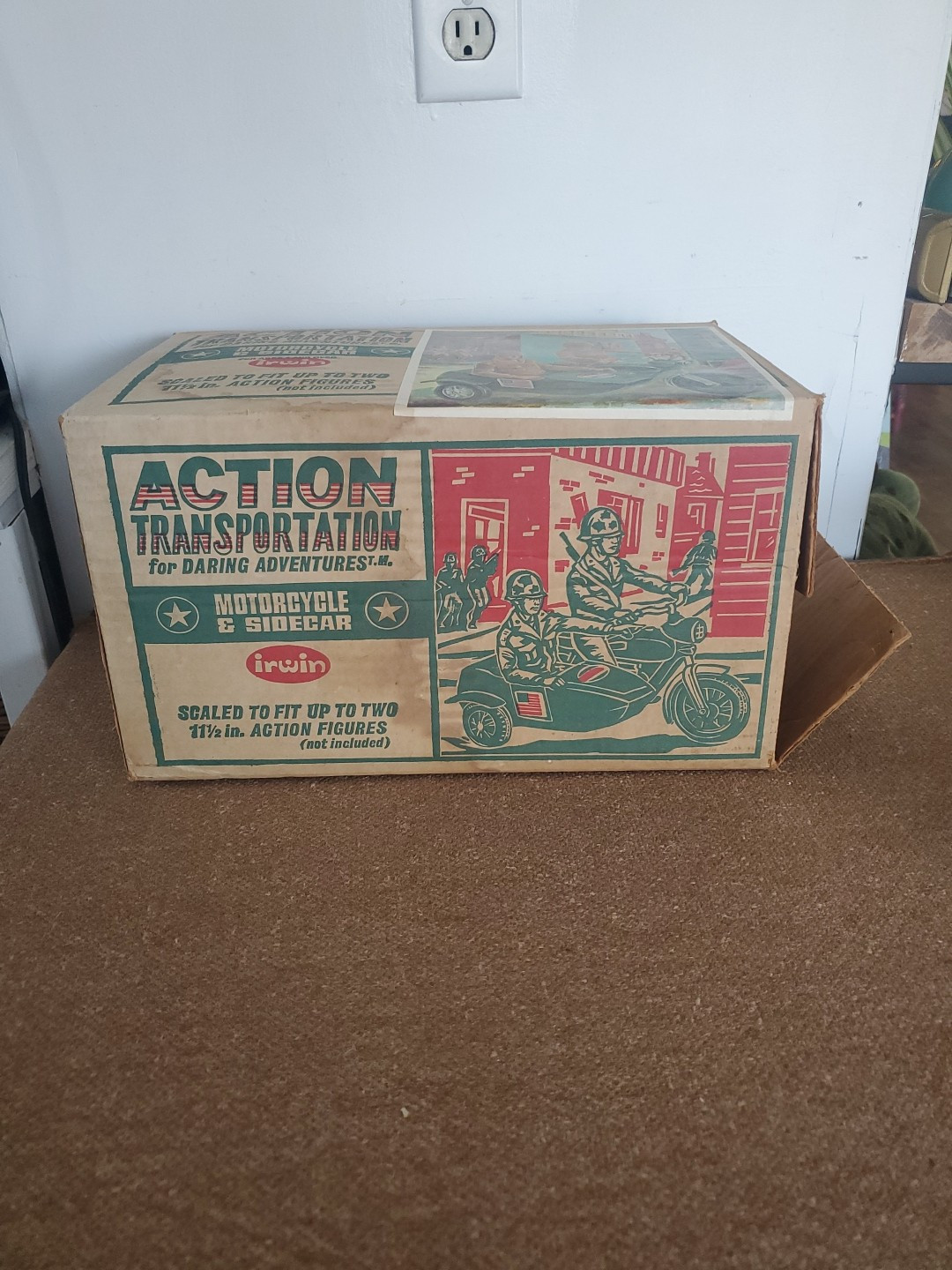 IRWIN ACTION TRANSPORTATION GREEN MOTORCYCLE AND SIDECAR ORIGINAL BOX ONLY
