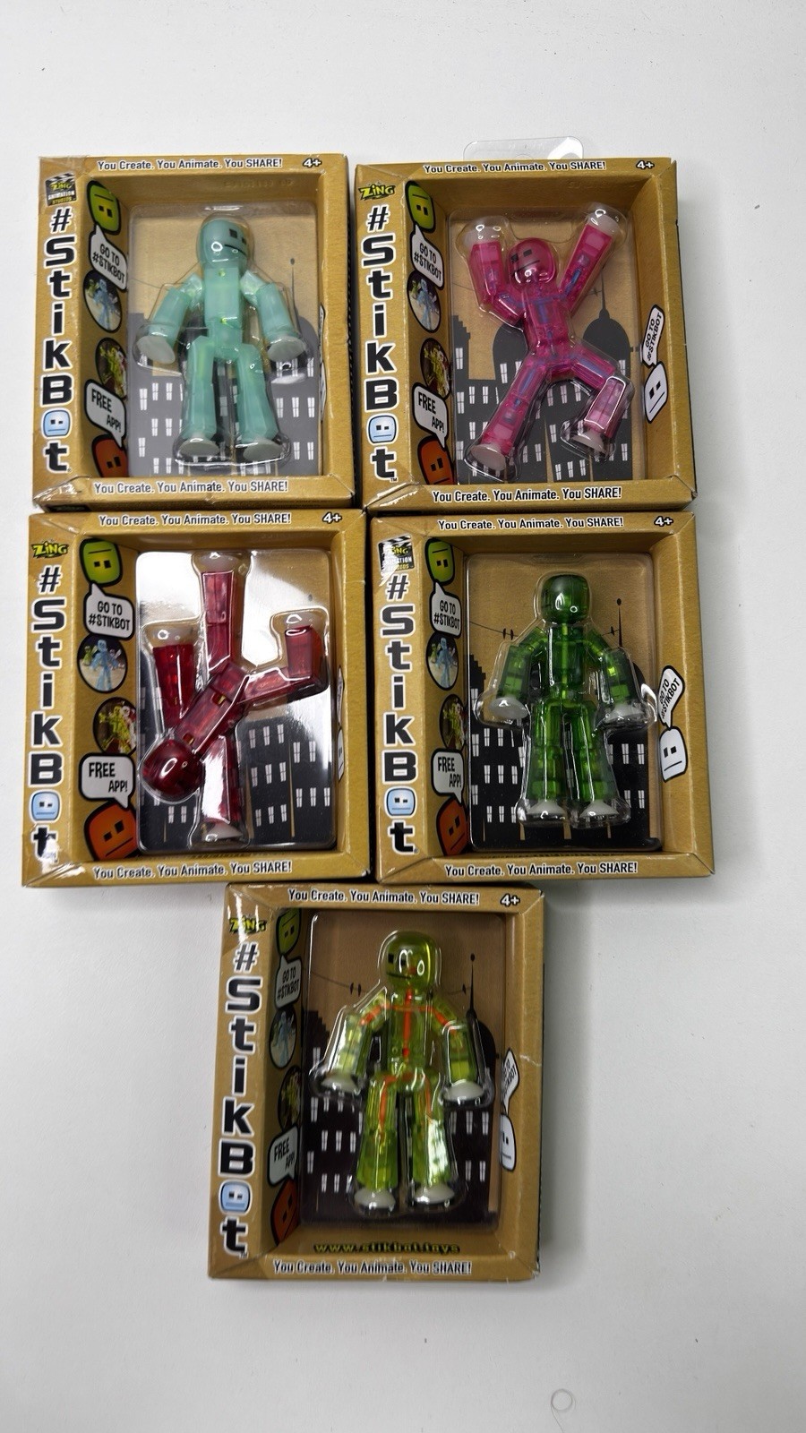Zing Stikbot Figures Lot of 5 Mixed Colors Green Pink Red Transparent Sealed